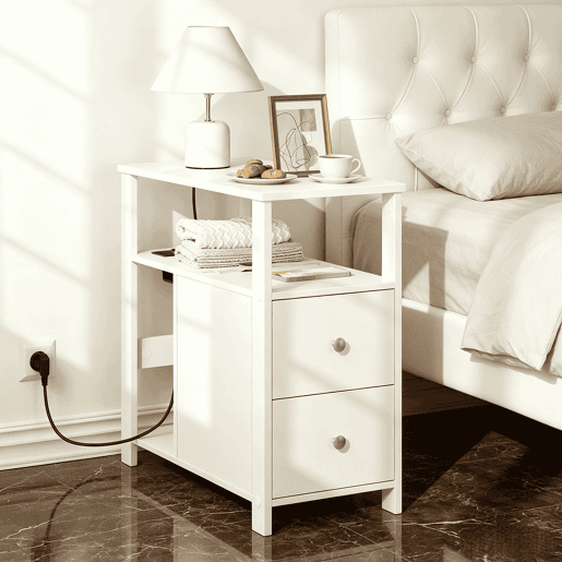 Mesa auxiliar estreita 40x30 cm u2014 com tomada integrada e design compacto u2014 branca Mesa auxiliar estreita 40x30 cm u2014 com tomada integrada e design compacto u2014 branca