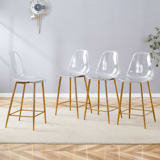 Bancos de bar, 4 unidades u2014 design moderno transparente com estrutura metálica para cozinha, bar ou sala de jantar u2014 Dourado Bancos de bar, 4 unidades u2014 design moderno transparente com estrutura metálica para cozinha, bar ou sala de jantar u2014 Dourado