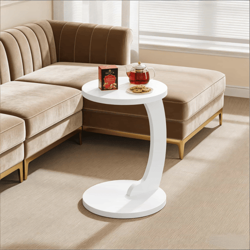 Mesa auxiliar redonda de 38 cm - Design em C, multifuncional para sofá e computador - Branco Mesa auxiliar redonda de 38 cm - Design em C, multifuncional para sofá e computador - Branco