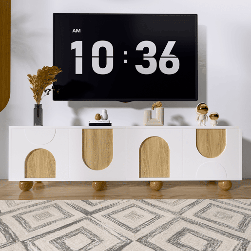 Móvel de TV 175x38x50 cm - 4 portas, design vintage - NaturalBranco Móvel de TV 175x38x50 cm - 4 portas, design vintage - NaturalBranco
