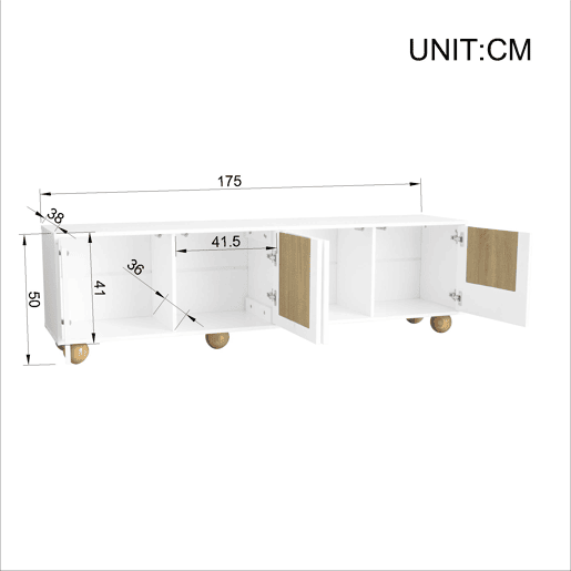 Móvel de TV 175x38x50 cm - 4 portas, design vintage - NaturalBranco Móvel de TV 175x38x50 cm - 4 portas, design vintage - NaturalBranco