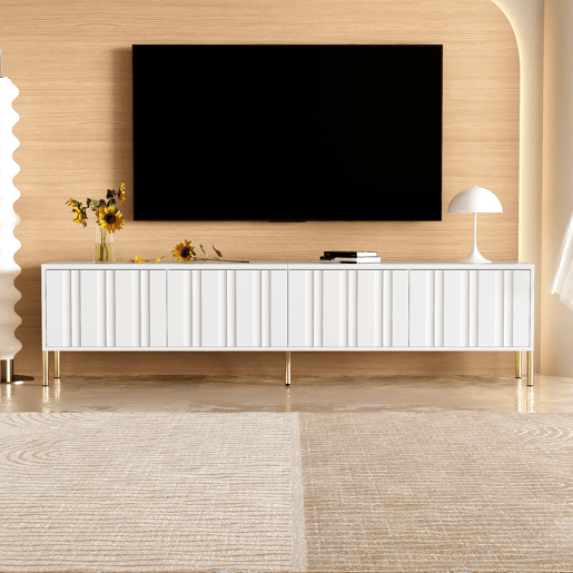 Móvel de TV 190x38x48 cm - Portas com ranhuras, pés dourados - Branco Móvel de TV 190x38x48 cm - Portas com ranhuras, pés dourados - Branco