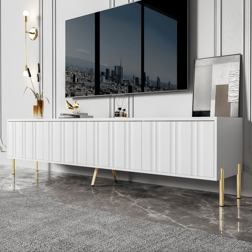 Móvel de TV 190x38x48 cm - Portas com ranhuras, pés dourados - Branco Móvel de TV 190x38x48 cm - Portas com ranhuras, pés dourados - Branco