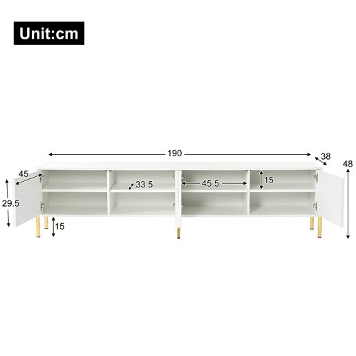 Móvel de TV 190x38x48 cm - Portas com ranhuras, pés dourados - Branco Móvel de TV 190x38x48 cm - Portas com ranhuras, pés dourados - Branco