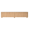 Móvel de TV tipo lowboard sem dimensões específicas - 4 portas, relevo arqueado, pés metálicos, moderno - Natural e branco