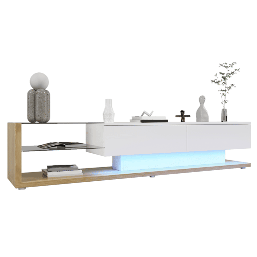 Móvel de TV 170 cm - Painel brilhante, divisórias de vidro, iluminação LED variável - Branco Móvel de TV 170 cm - Painel brilhante, divisórias de vidro, iluminação LED variável - Branco