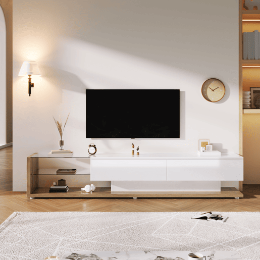 Móvel de TV 170 cm - Painel brilhante, divisórias de vidro, iluminação LED variável - Branco Móvel de TV 170 cm - Painel brilhante, divisórias de vidro, iluminação LED variável - Branco