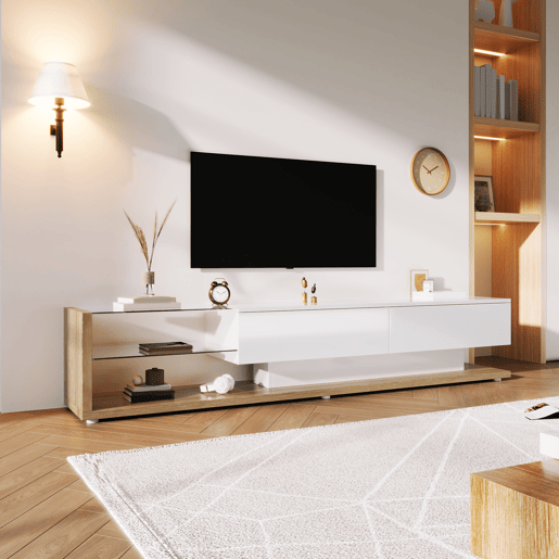Móvel de TV 170 cm - Painel brilhante, divisórias de vidro, iluminação LED variável - Branco Móvel de TV 170 cm - Painel brilhante, divisórias de vidro, iluminação LED variável - Branco