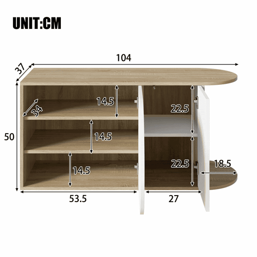 Armário para sapatos 104 x 37 x 50 cm - estilo francês, acabamento brilhante, armário para sapatos com 1 porta semicircular, 1 porta retangular e gancho lateral - branco e madeira natural Armário para sapatos 104 x 37 x 50 cm - estilo francês, acabamento brilhante, armário para sapatos com 1 porta semicircular, 1 porta retangular e gancho lateral - branco e madeira natural