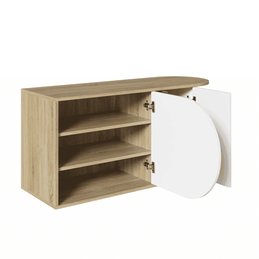 Armário para sapatos 104 x 37 x 50 cm - estilo francês, acabamento brilhante, armário para sapatos com 1 porta semicircular, 1 porta retangular e gancho lateral - branco e madeira natural Armário para sapatos 104 x 37 x 50 cm - estilo francês, acabamento brilhante, armário para sapatos com 1 porta semicircular, 1 porta retangular e gancho lateral - branco e madeira natural