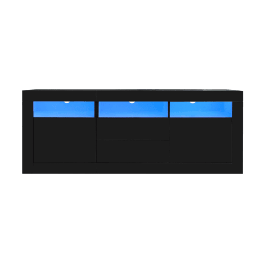 Móvel TV 160 cm adequado para TV de 70u201D - com LED - 2 portas 2 gavetas 3 compartimentos abertos - Preto Móvel TV 160 cm adequado para TV de 70u201D - com LED - 2 portas 2 gavetas 3 compartimentos abertos - Preto