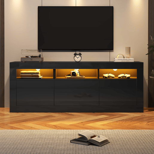 Móvel TV 160 cm adequado para TV de 70u201D - com LED - 2 portas 2 gavetas 3 compartimentos abertos - Preto Móvel TV 160 cm adequado para TV de 70u201D - com LED - 2 portas 2 gavetas 3 compartimentos abertos - Preto