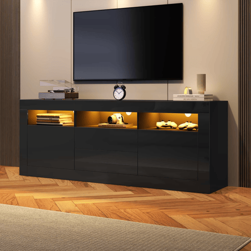 Móvel TV 160 cm adequado para TV de 70u201D - com LED - 2 portas 2 gavetas 3 compartimentos abertos - Preto Móvel TV 160 cm adequado para TV de 70u201D - com LED - 2 portas 2 gavetas 3 compartimentos abertos - Preto