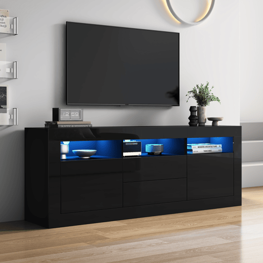 Móvel TV 160 cm adequado para TV de 70u201D - com LED - 2 portas 2 gavetas 3 compartimentos abertos - Preto Móvel TV 160 cm adequado para TV de 70u201D - com LED - 2 portas 2 gavetas 3 compartimentos abertos - Preto
