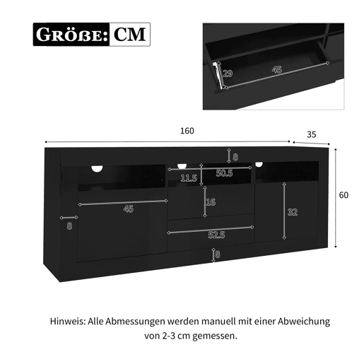 Móvel TV 160 cm adequado para TV de 70u201D - com LED - 2 portas 2 gavetas 3 compartimentos abertos - Preto Móvel TV 160 cm adequado para TV de 70u201D - com LED - 2 portas 2 gavetas 3 compartimentos abertos - Preto