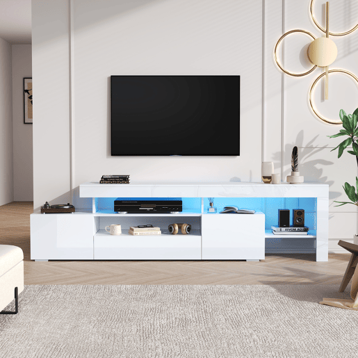 Móvel de TV 192x37x53 cm - Com 3 armários, LED, alto brilho, mesa para TV, branco Móvel de TV 192x37x53 cm - Com 3 armários, LED, alto brilho, mesa para TV, branco