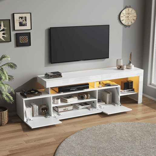 Móvel de TV 192x37x53 cm - Com 3 armários, LED, alto brilho, mesa para TV, branco Móvel de TV 192x37x53 cm - Com 3 armários, LED, alto brilho, mesa para TV, branco