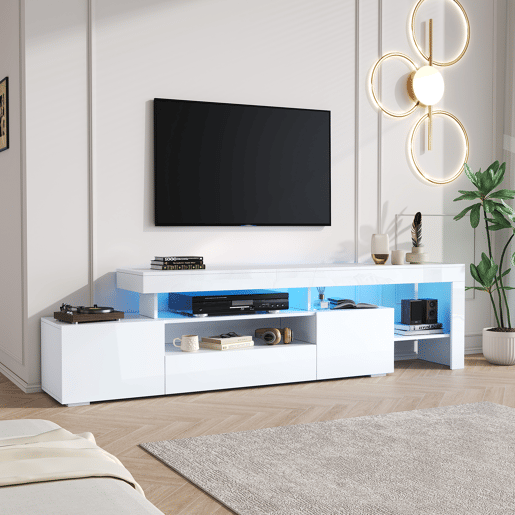 Móvel de TV 192x37x53 cm - Com 3 armários, LED, alto brilho, mesa para TV, branco Móvel de TV 192x37x53 cm - Com 3 armários, LED, alto brilho, mesa para TV, branco