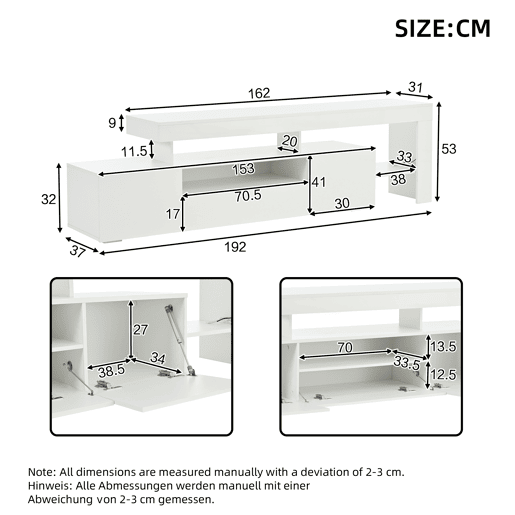 Móvel de TV 192x37x53 cm - Com 3 armários, LED, alto brilho, mesa para TV, branco Móvel de TV 192x37x53 cm - Com 3 armários, LED, alto brilho, mesa para TV, branco