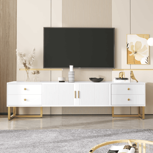 Móvel TV 175 cm - 2 portas texturadas e 4 gavetas - em MDF - Branco Móvel TV 175 cm - 2 portas texturadas e 4 gavetas - em MDF - Branco
