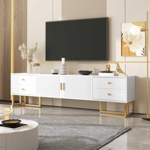 Móvel TV 175 cm - 2 portas texturadas e 4 gavetas - em MDF - Branco Móvel TV 175 cm - 2 portas texturadas e 4 gavetas - em MDF - Branco