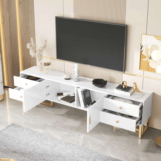 Móvel TV 175 cm - 2 portas texturadas e 4 gavetas - em MDF - Branco Móvel TV 175 cm - 2 portas texturadas e 4 gavetas - em MDF - Branco