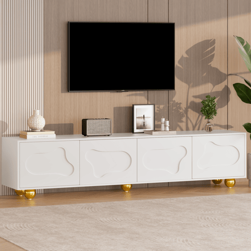 Móvel de TV 180x40x45 cm - Estilo caricatura, com 2 armários, formato de nuvem, 5 pés de apoio, cor branca Móvel de TV 180x40x45 cm - Estilo caricatura, com 2 armários, formato de nuvem, 5 pés de apoio, cor branca