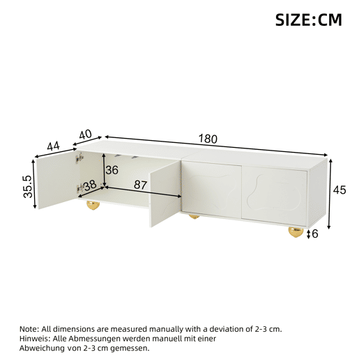 Móvel de TV 180x40x45 cm - Estilo caricatura, com 2 armários, formato de nuvem, 5 pés de apoio, cor branca Móvel de TV 180x40x45 cm - Estilo caricatura, com 2 armários, formato de nuvem, 5 pés de apoio, cor branca