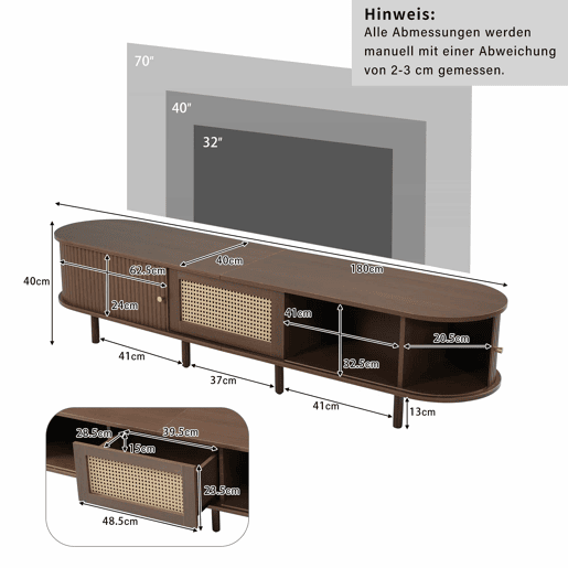 Móvel de TV ovalado 180 cm - Design em rattan, MDF, pés ajustáveis, capacidade para 30 kg - Nogueira escura