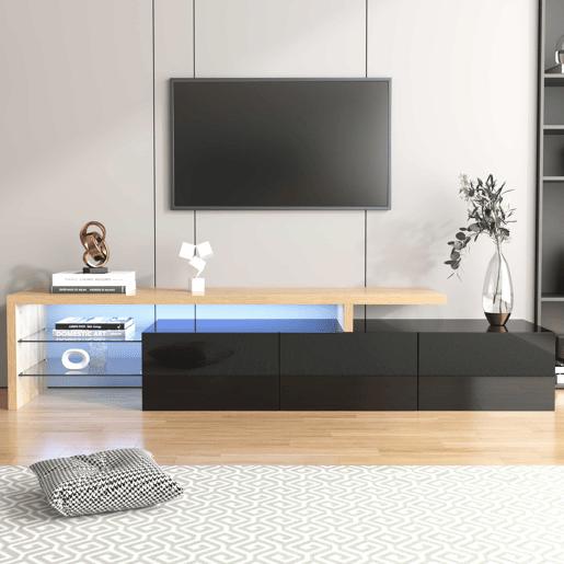 Móvel de TV 197,5 cm - Design moderno e elegante, com arrumação prática, alto brilho, madeira, prateleiras de vidro, iluminação LED - Natural+Preto Móvel de TV 197,5 cm - Design moderno e elegante, com arrumação prática, alto brilho, madeira, prateleiras de vidro, iluminação LED - Natural+Preto