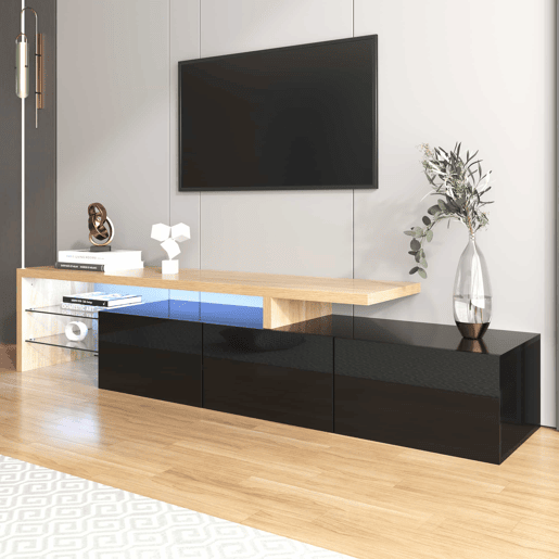 Móvel de TV 197,5 cm - Design moderno e elegante, com arrumação prática, alto brilho, madeira, prateleiras de vidro, iluminação LED - Natural+Preto Móvel de TV 197,5 cm - Design moderno e elegante, com arrumação prática, alto brilho, madeira, prateleiras de vidro, iluminação LED - Natural+Preto