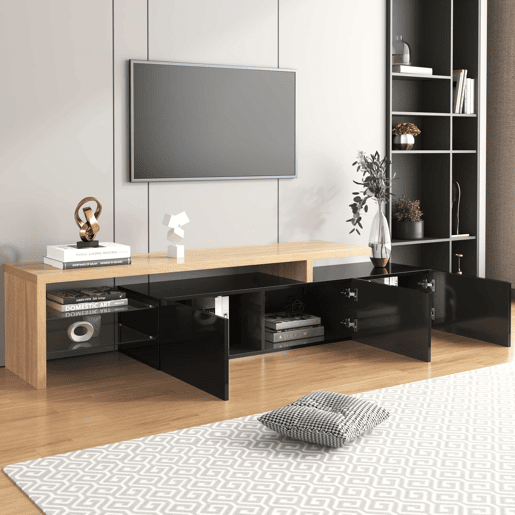 Móvel de TV 197,5 cm - Design moderno e elegante, com arrumação prática, alto brilho, madeira, prateleiras de vidro, iluminação LED - Natural+Preto Móvel de TV 197,5 cm - Design moderno e elegante, com arrumação prática, alto brilho, madeira, prateleiras de vidro, iluminação LED - Natural+Preto