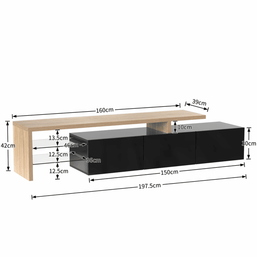 Móvel de TV 197,5 cm - Design moderno e elegante, com arrumação prática, alto brilho, madeira, prateleiras de vidro, iluminação LED - Natural+Preto Móvel de TV 197,5 cm - Design moderno e elegante, com arrumação prática, alto brilho, madeira, prateleiras de vidro, iluminação LED - Natural+Preto