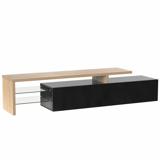 Móvel de TV 197,5 cm - Design moderno e elegante, com arrumação prática, alto brilho, madeira, prateleiras de vidro, iluminação LED - Natural+Preto Móvel de TV 197,5 cm - Design moderno e elegante, com arrumação prática, alto brilho, madeira, prateleiras de vidro, iluminação LED - Natural+Preto