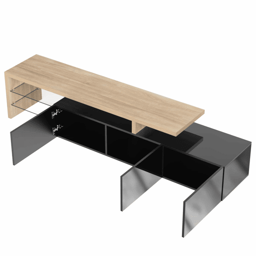 Móvel de TV 197,5 cm - Design moderno e elegante, com arrumação prática, alto brilho, madeira, prateleiras de vidro, iluminação LED - Natural+Preto Móvel de TV 197,5 cm - Design moderno e elegante, com arrumação prática, alto brilho, madeira, prateleiras de vidro, iluminação LED - Natural+Preto