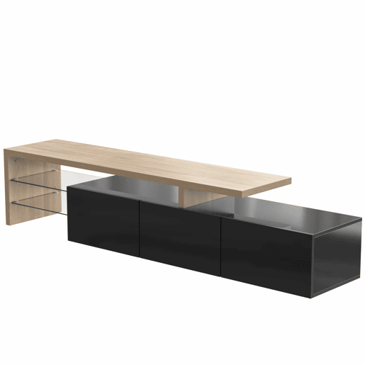 Móvel de TV 197,5 cm - Design moderno e elegante, com arrumação prática, alto brilho, madeira, prateleiras de vidro, iluminação LED - Natural+Preto Móvel de TV 197,5 cm - Design moderno e elegante, com arrumação prática, alto brilho, madeira, prateleiras de vidro, iluminação LED - Natural+Preto