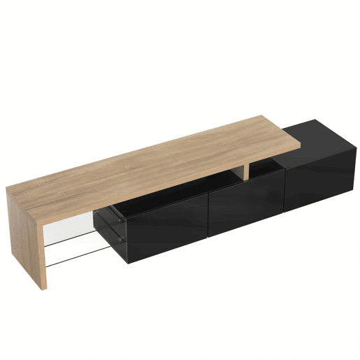 Móvel de TV 197,5 cm - Design moderno e elegante, com arrumação prática, alto brilho, madeira, prateleiras de vidro, iluminação LED - Natural+Preto Móvel de TV 197,5 cm - Design moderno e elegante, com arrumação prática, alto brilho, madeira, prateleiras de vidro, iluminação LED - Natural+Preto