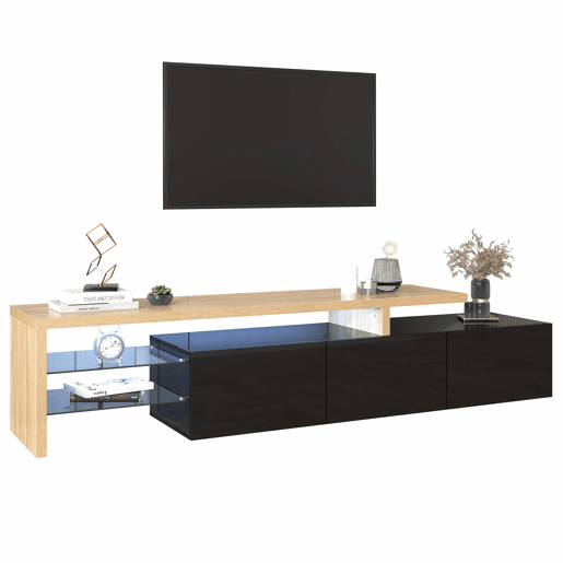 Móvel de TV 197,5 cm - Design moderno e elegante, com arrumação prática, alto brilho, madeira, prateleiras de vidro, iluminação LED - Natural+Preto Móvel de TV 197,5 cm - Design moderno e elegante, com arrumação prática, alto brilho, madeira, prateleiras de vidro, iluminação LED - Natural+Preto