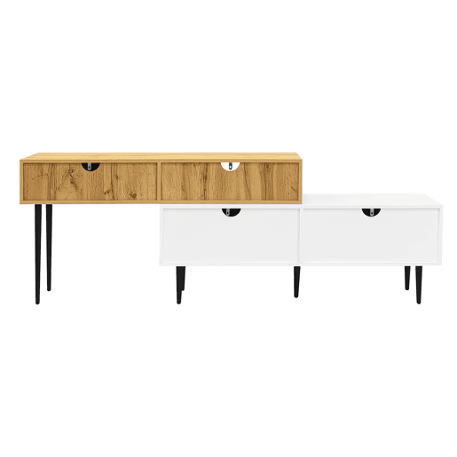Móvel de TV modular de 2 peças - Design ajustável, pés metálicos pretos, madeira e branco mate Móvel de TV modular de 2 peças - Design ajustável, pés metálicos pretos, madeira e branco mate
