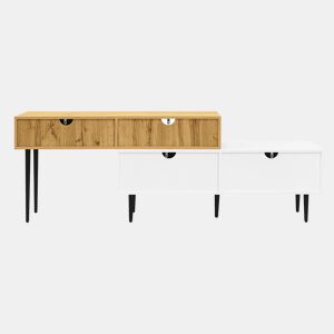 Móvel de TV modular de 2 peças - Design ajustável, pés metálicos pretos, madeira e branco mate