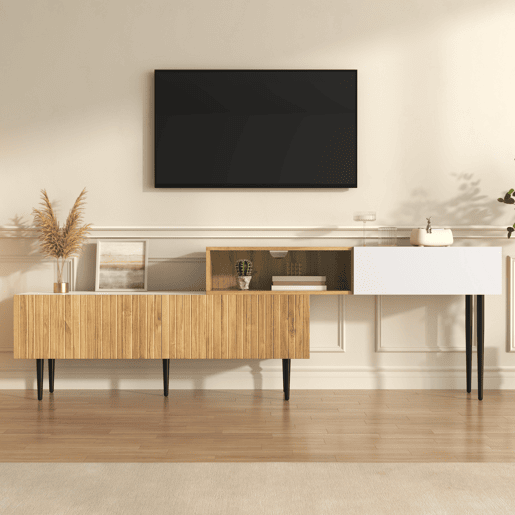 Móvel de TV modular de 2 peças - Design ajustável, pés metálicos pretos, madeira e branco mate Móvel de TV modular de 2 peças - Design ajustável, pés metálicos pretos, madeira e branco mate