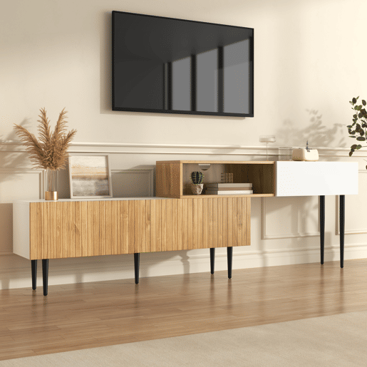 Móvel de TV modular de 2 peças - Design ajustável, pés metálicos pretos, madeira e branco mate Móvel de TV modular de 2 peças - Design ajustável, pés metálicos pretos, madeira e branco mate