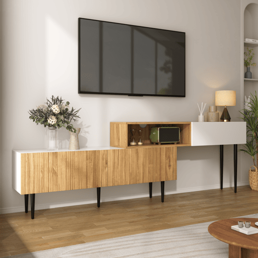 Móvel de TV modular de 2 peças - Design ajustável, pés metálicos pretos, madeira e branco mate Móvel de TV modular de 2 peças - Design ajustável, pés metálicos pretos, madeira e branco mate