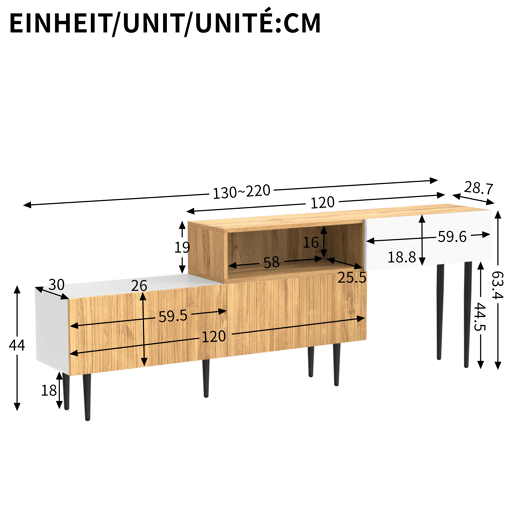 Móvel de TV modular de 2 peças - Design ajustável, pés metálicos pretos, madeira e branco mate Móvel de TV modular de 2 peças - Design ajustável, pés metálicos pretos, madeira e branco mate