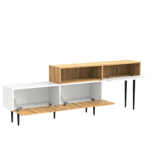 Móvel de TV modular de 2 peças - Design ajustável, pés metálicos pretos, madeira e branco mate Móvel de TV modular de 2 peças - Design ajustável, pés metálicos pretos, madeira e branco mate