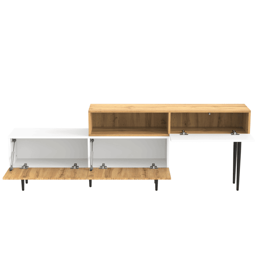Móvel de TV modular de 2 peças - Design ajustável, pés metálicos pretos, madeira e branco mate Móvel de TV modular de 2 peças - Design ajustável, pés metálicos pretos, madeira e branco mate