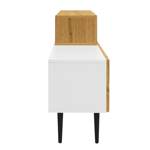 Móvel de TV modular de 2 peças - Design ajustável, pés metálicos pretos, madeira e branco mate Móvel de TV modular de 2 peças - Design ajustável, pés metálicos pretos, madeira e branco mate