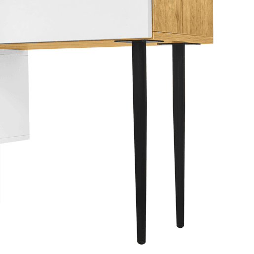 Móvel de TV modular de 2 peças - Design ajustável, pés metálicos pretos, madeira e branco mate Móvel de TV modular de 2 peças - Design ajustável, pés metálicos pretos, madeira e branco mate