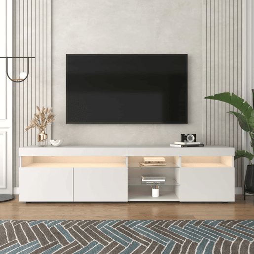 Armário moderno para televisão de 180 cm com LED - 3 portas e 5 compartimentos abertos - Branco Armário moderno para televisão de 180 cm com LED - 3 portas e 5 compartimentos abertos - Branco