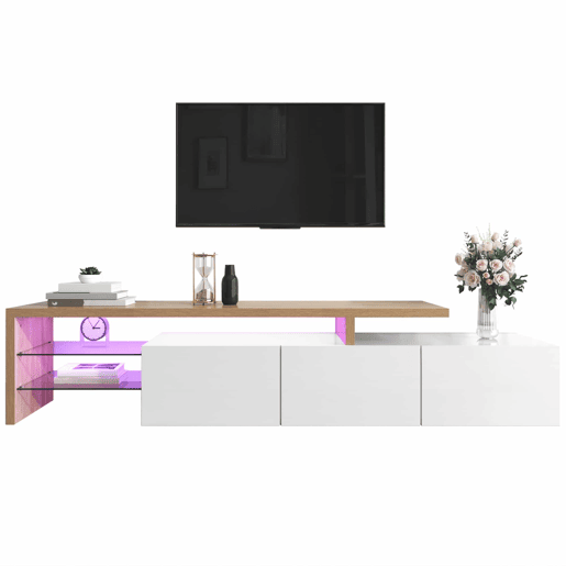 Móvel de TV 160 cm - Design moderno, elegante, arrumação prática, branco brilhante, efeito madeira, prateleiras de vidro, iluminação LED - Branco Móvel de TV 160 cm - Design moderno, elegante, arrumação prática, branco brilhante, efeito madeira, prateleiras de vidro, iluminação LED - Branco
